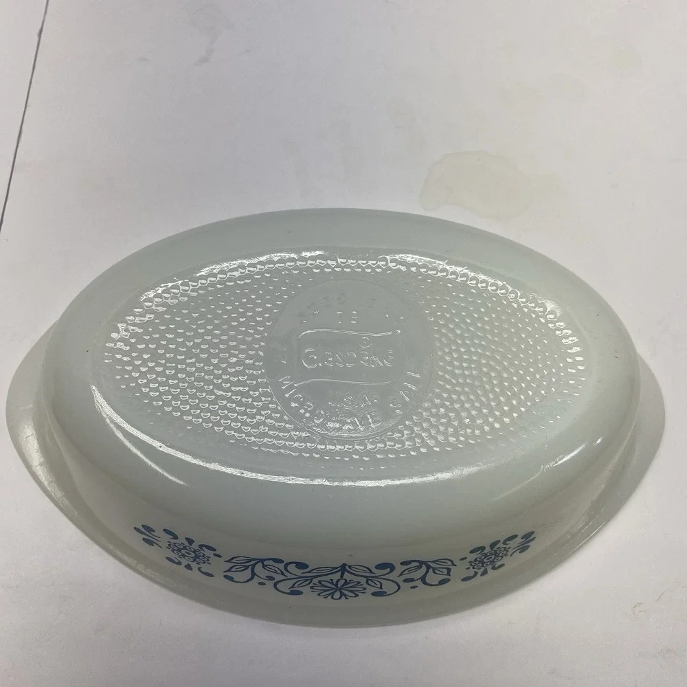 Glasbake Vintage J-235 Casserole Dish 1Qt Navy Blue Flower Pattern Microwaveable